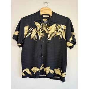 Tommy Bahama Shirt Mens Large Black Palm Geometric Floral Silk Beach